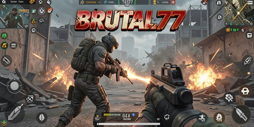 Screenshot BRUTAL77 menampilkan aksi pertempuran yang intens.