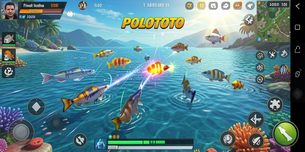Screenshot utama yang menunjukkan aksi menembak ikan di POLOTOTO.