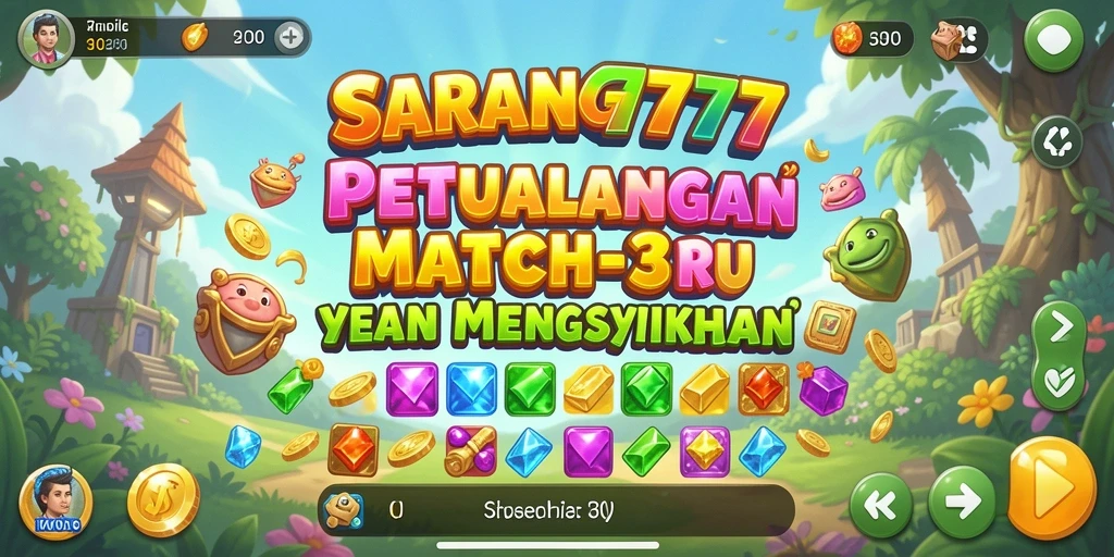 Screenshot permainan SARANG777 menampilkan kombinasi potongan warna-warni dalam gameplay Match-3.