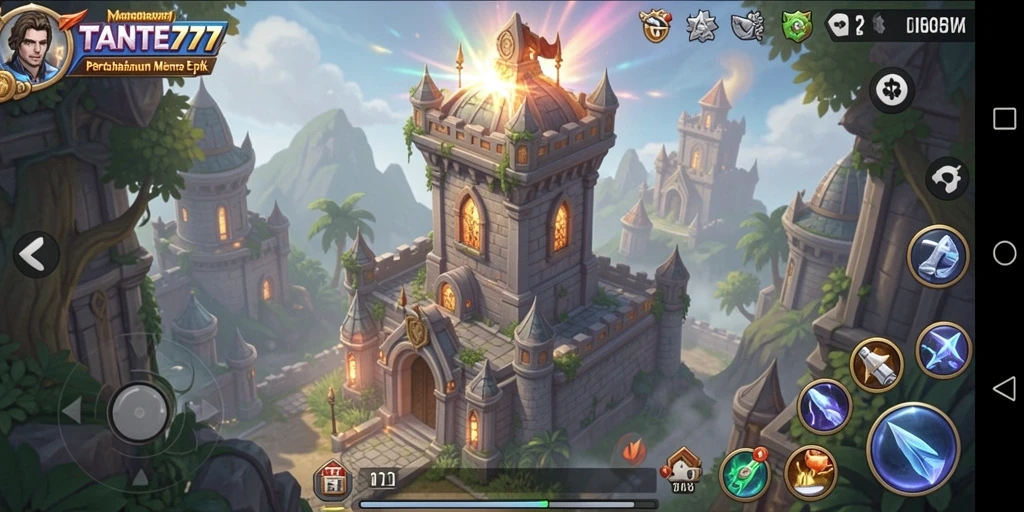 Tangkapan layar utama menunjukkan aksi menara berperang dalam Tower Defense.