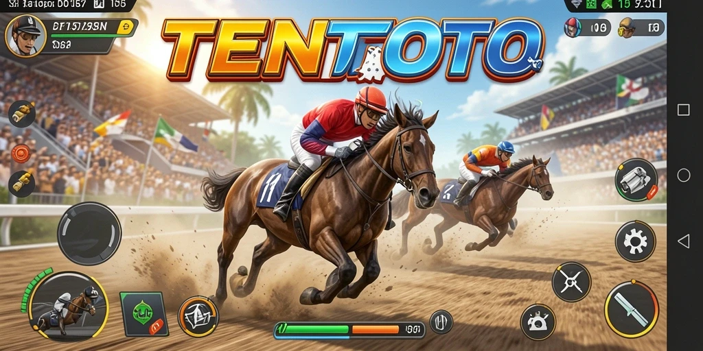 Tampilan gameplay seru TENTOTO dengan mobil balap beraksi di lintasan.